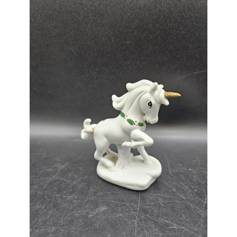 Vintage Prancing Unicorn With Christmas Holly Collar Ceramic Figurine Fantasy
